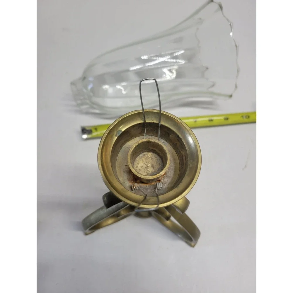 Vintage Brass Hurricane‎ Candle Holder Scroll Tripod Base Scalloped Glass Shade